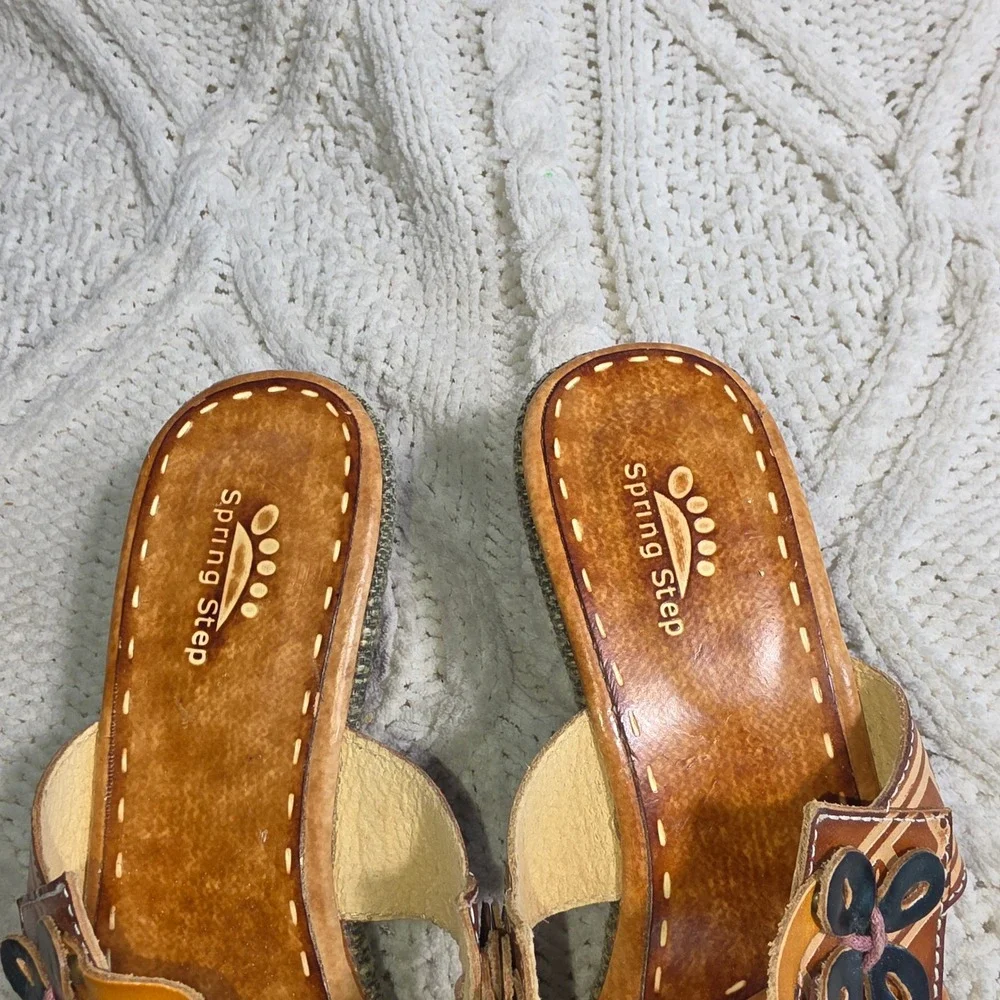 Spring‎ Step Wedge Slide Sandals Brown Leather Flowers Floral Boho Womens 40 9